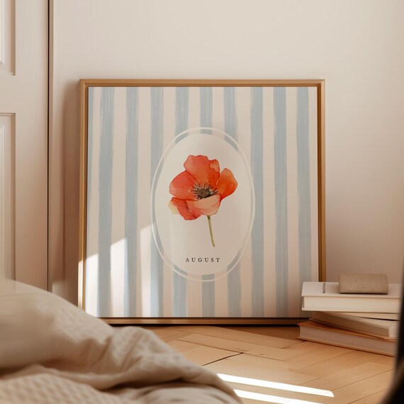 August Poppy Birth Month Flower Watercolor Striped Art Poster