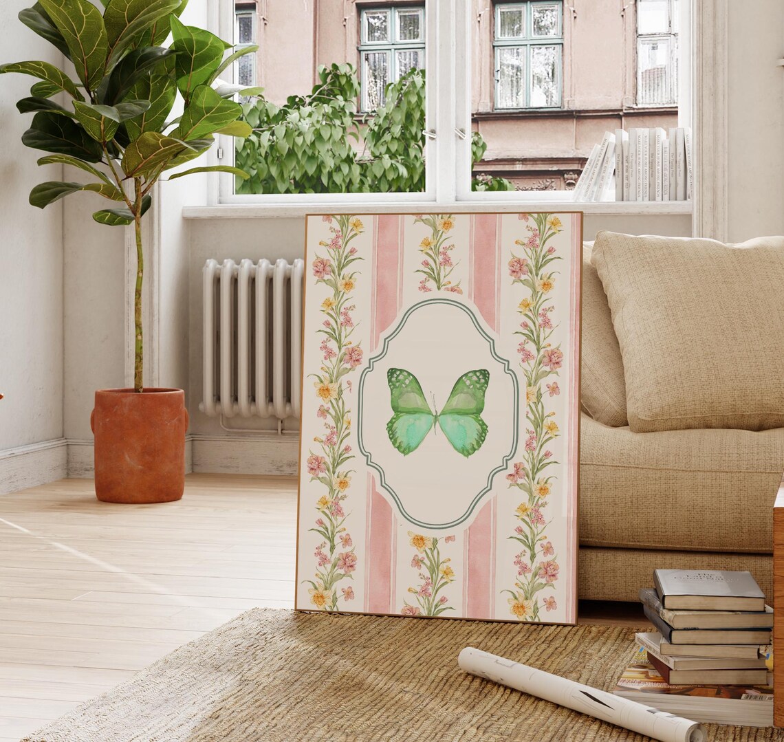 Green Butterfly Floral Striped Vintage Botanical Nursery Wall Poster - Image 4