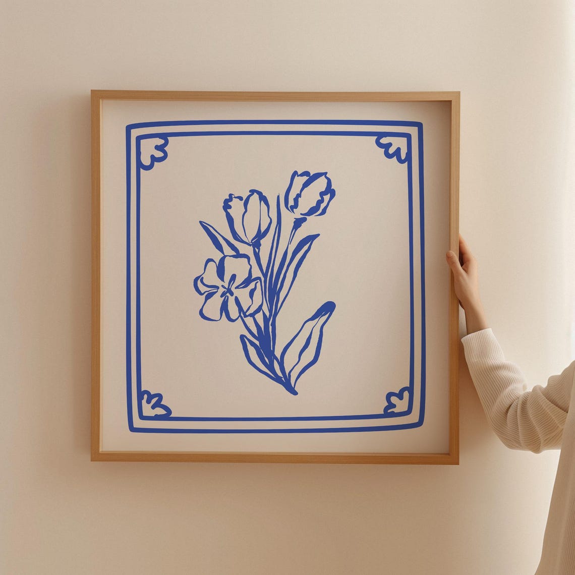 Blue Delft Style Tulip Line Art Poster on White Ceramic Tile