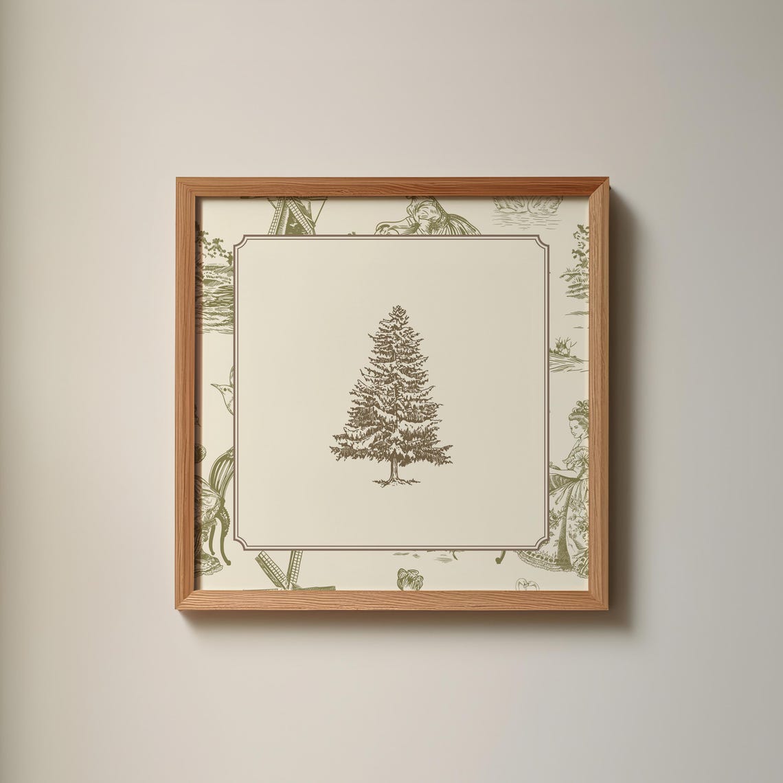 Vintage Green Toile Pine Tree Print Wall Art Trendy Decor Cottage Nursery