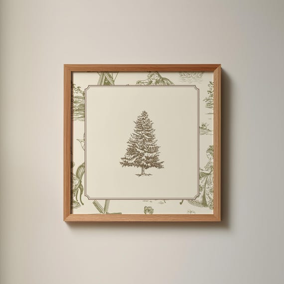 Vintage Green Toile Pine Tree Print Wall Art Trendy Decor Cottage Nursery