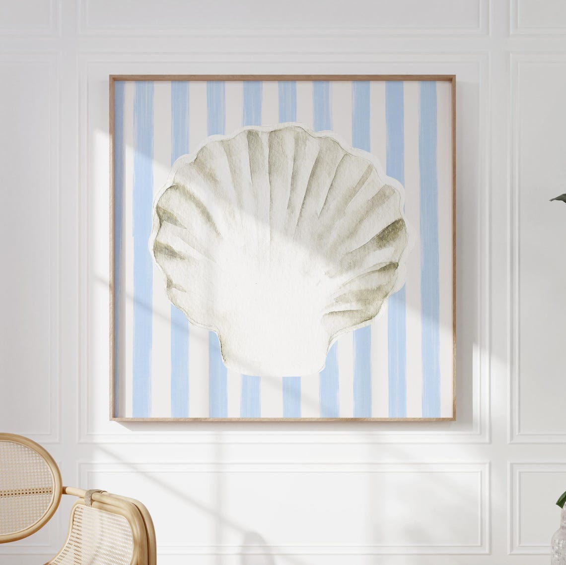 White Scallop Shell Blue Striped Background Coastal Watercolor Poster - Image 5