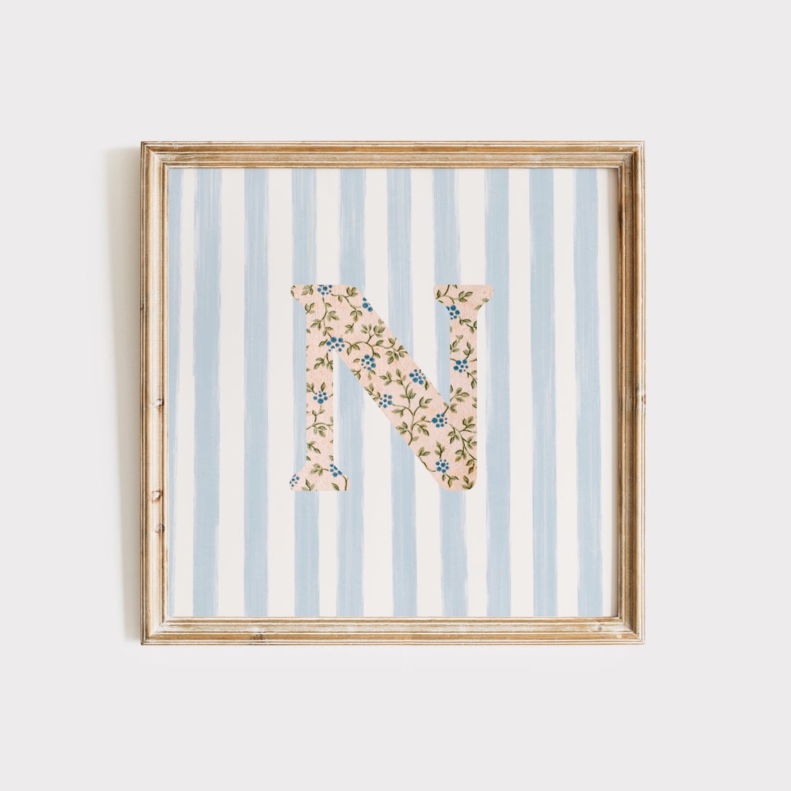 Floral Chintz Letter N Monogram Initial Blue Striped Wall Poster - Image 2