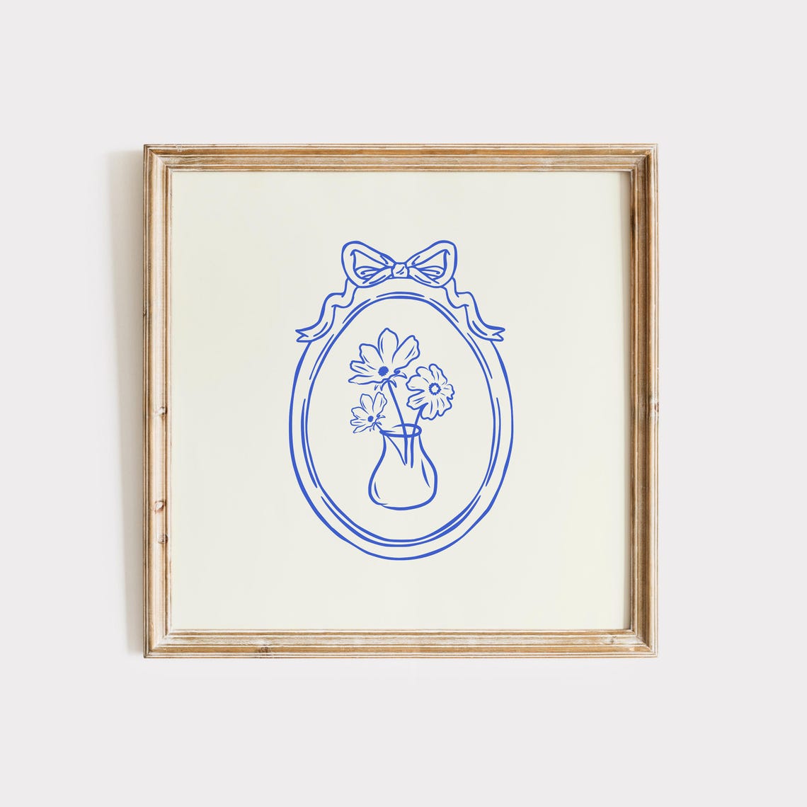 Blue Line Daisy Vase Bouquet Coquette Bow Oval Frame Art Print
