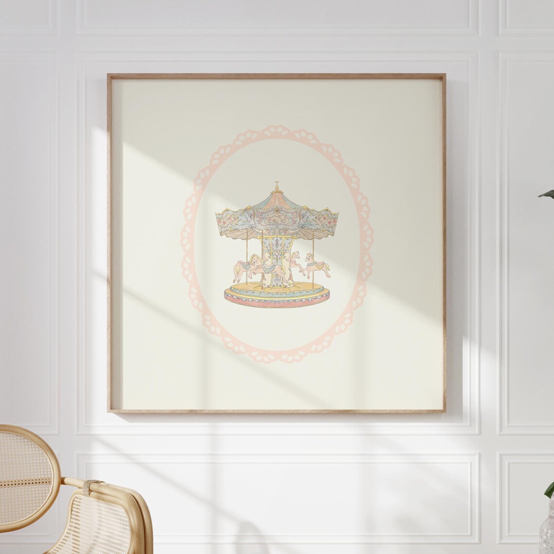 Vintage Carousel Pastel Horses Pink Lace Oval Nursery Wall Art Poster - Image 5