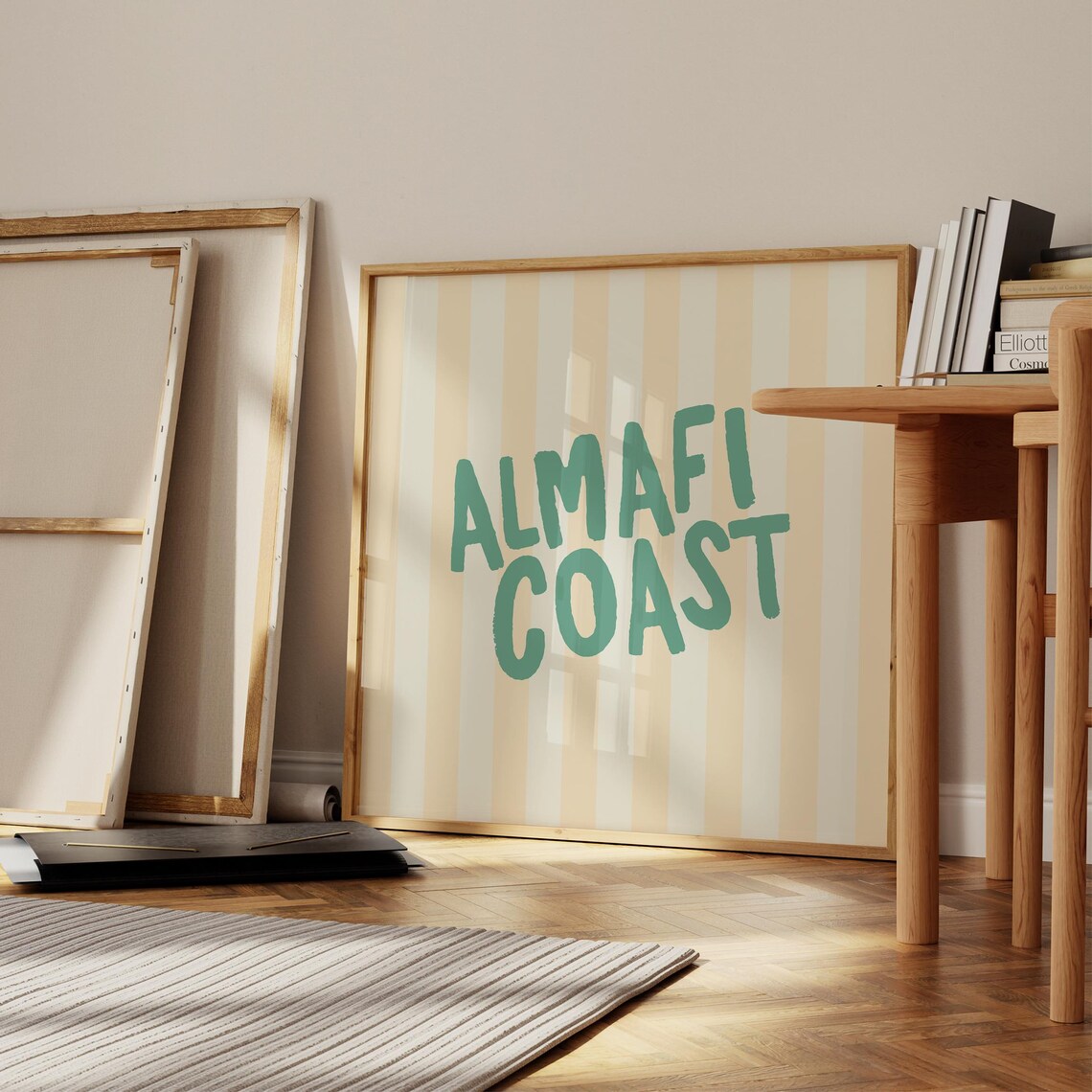Almafi Coast Green Bold Letters Cream Striped Coastal Decor Wall Art - Image 2