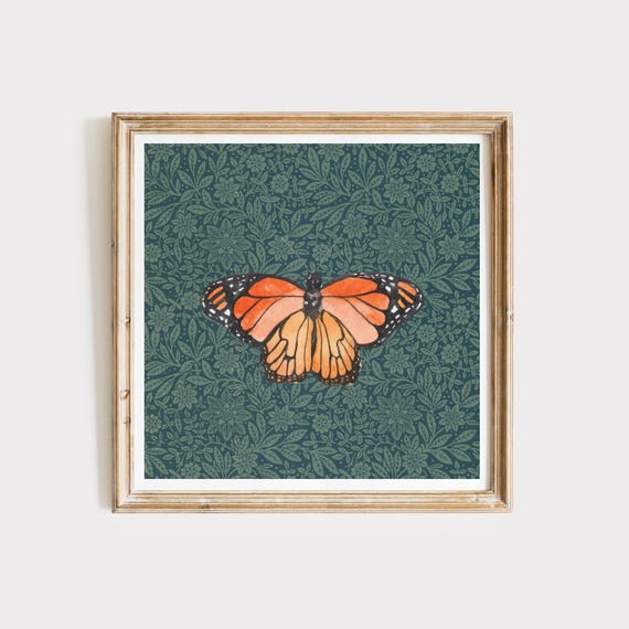 Deep Green Monarch Butterfly Square Print Instant Wall Art Trendy Decor Illustration Living Room Art Nursery
