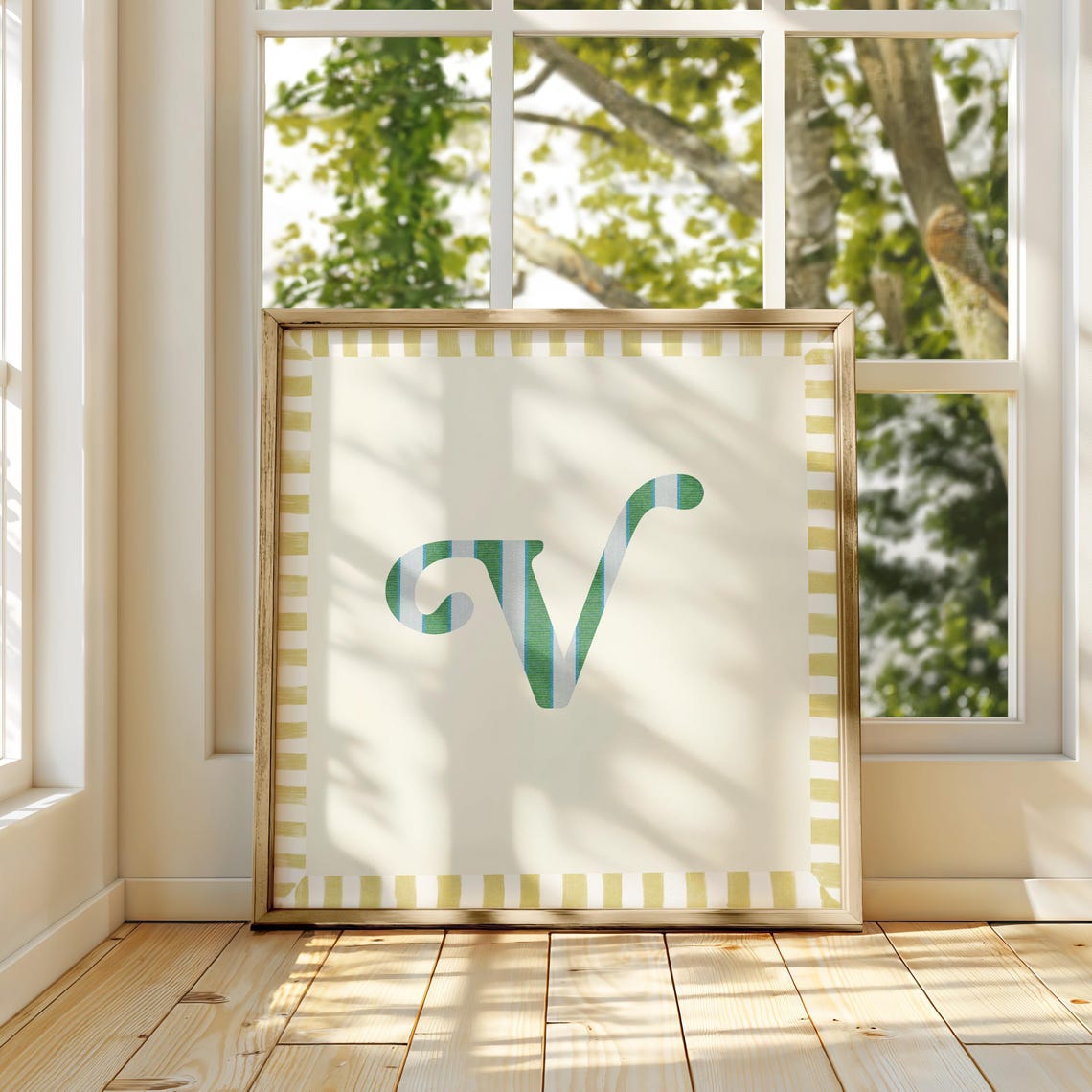 Swash Letter V Green Blue Striped Monogram Cream Framed Art Print - Image 4