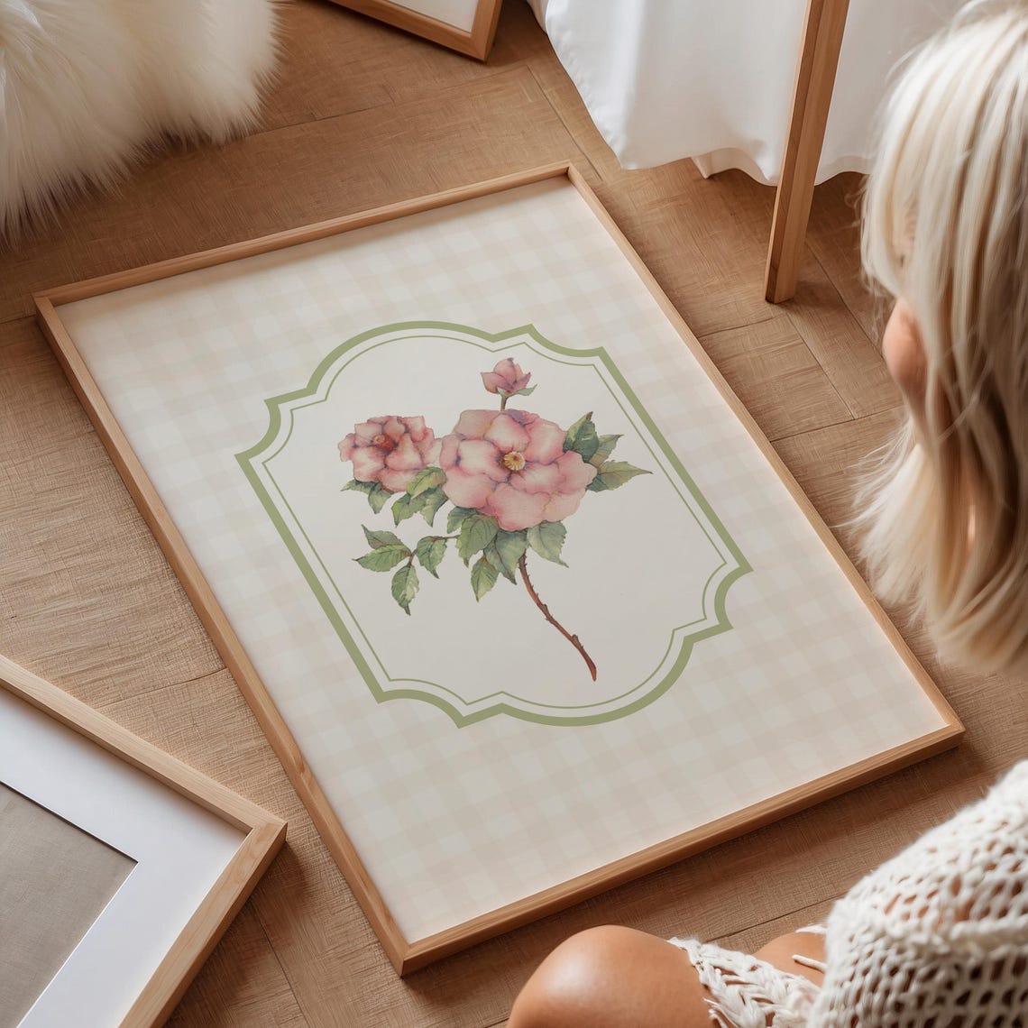 Pink Wild Rose Spray in Sage Cartouche Frame on Cream Gingham Poster