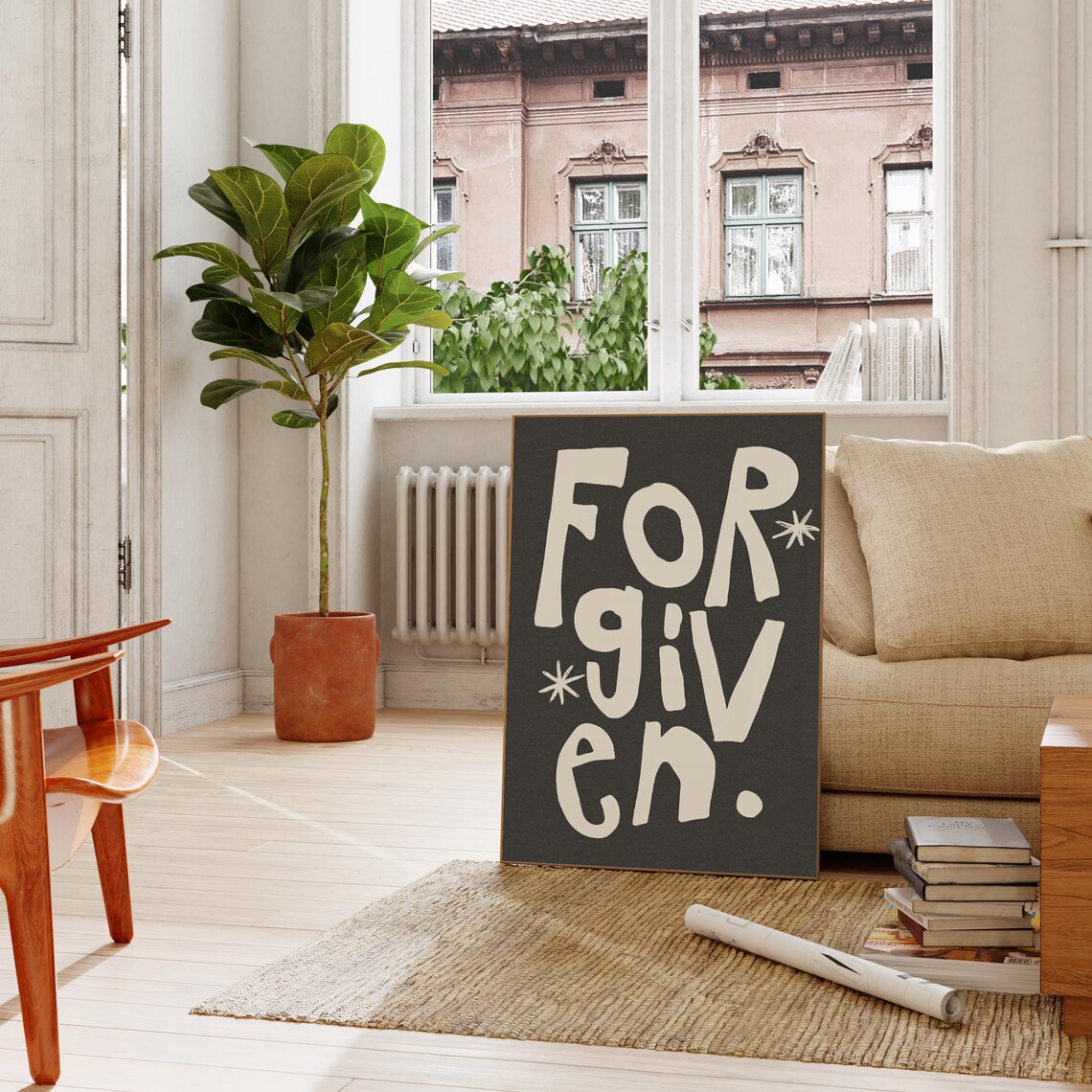 Forgiven Cream Lettering Charcoal Christian Quote Square Decor Poster - Image 3