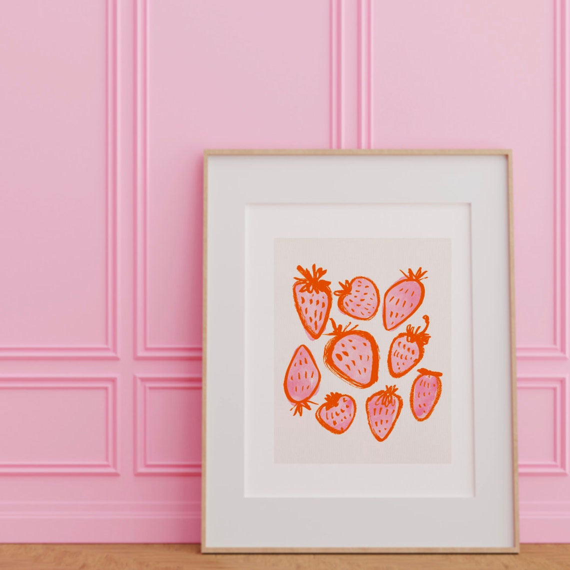 Scattered Pink Strawberries Hand Drawn Kitchen Fruit Art Poster - Image 2