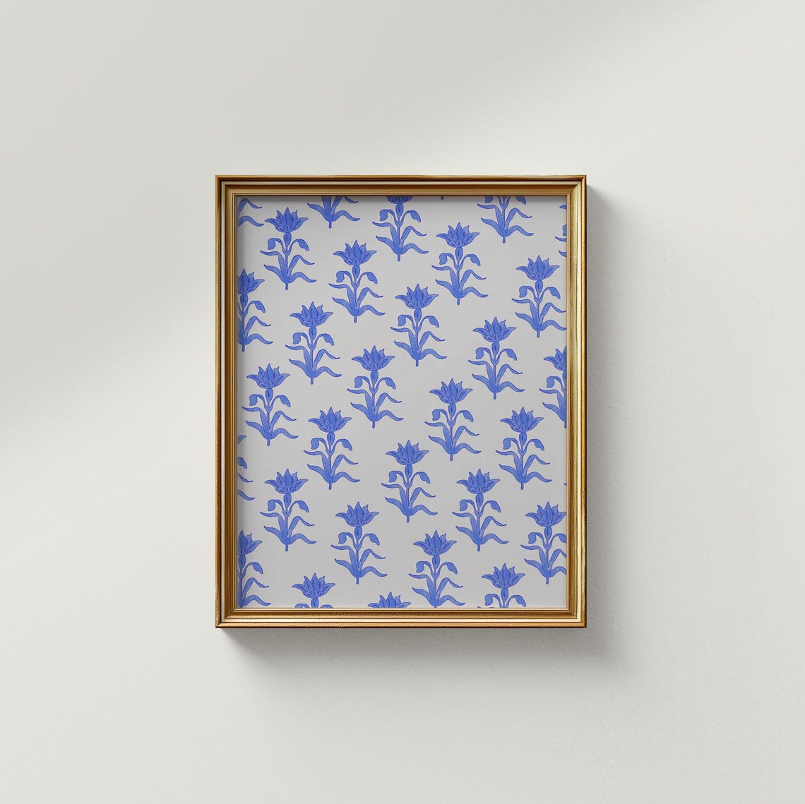 Cobalt Blue Block Print Floral Pattern Vintage Vertical Art Print - Image 3