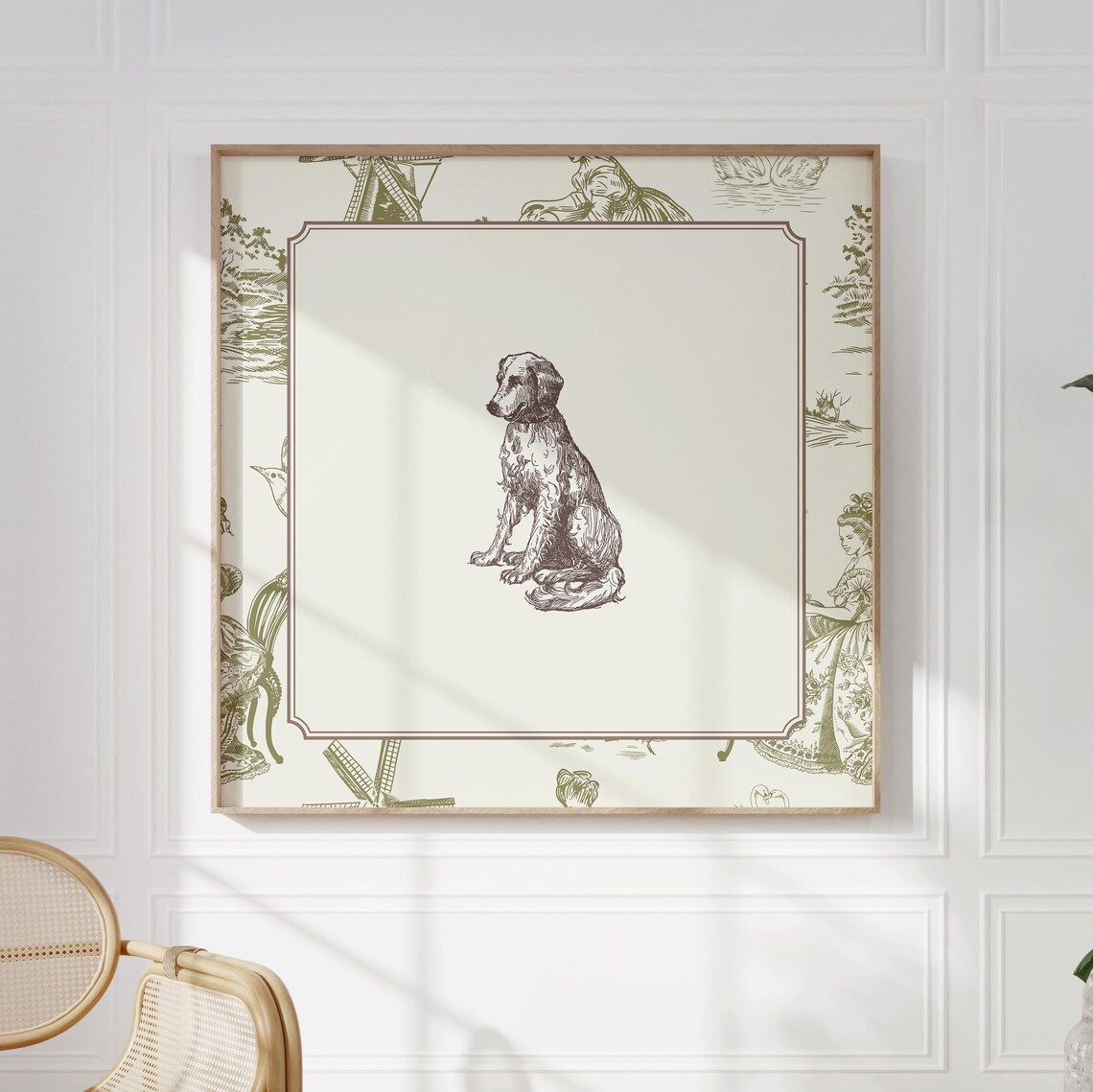 Green Toile Border Sitting Dog Engraving Vintage Animal Poster - Image 5