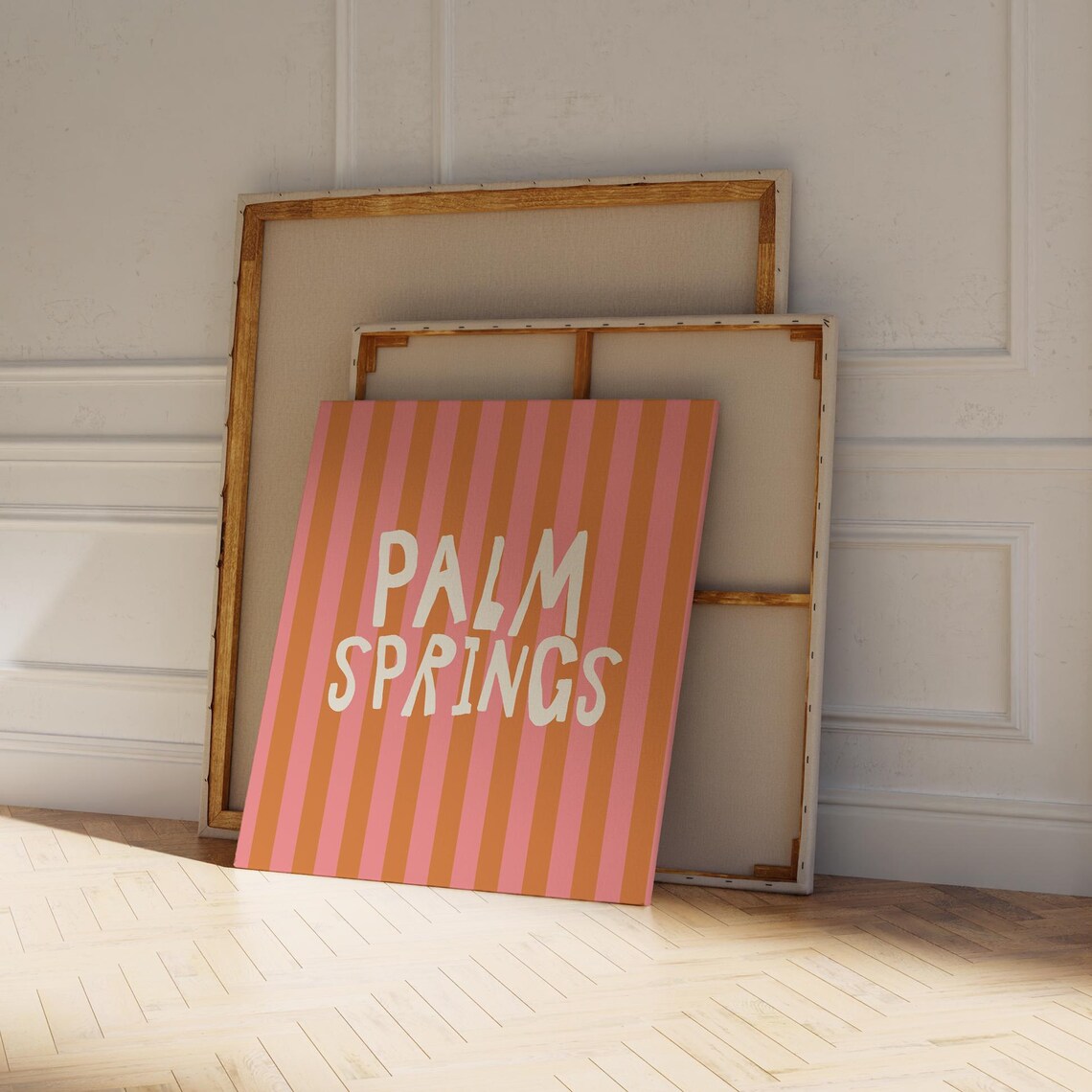 Palm Springs Cream Hand Lettered Pink Orange Striped Square Poster - Image 3