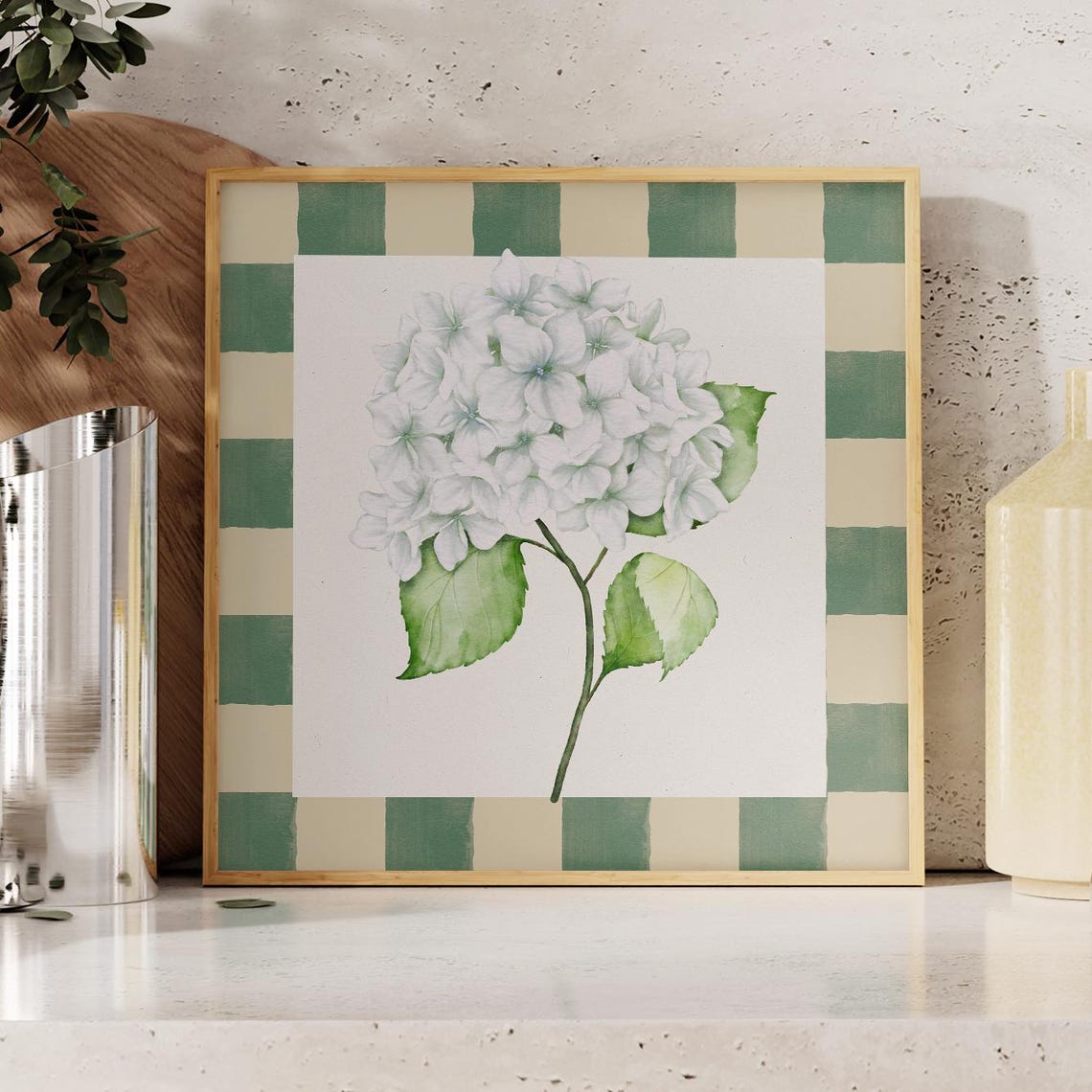 White Hydrangea Watercolor Bloom with Green Gingham Border Print