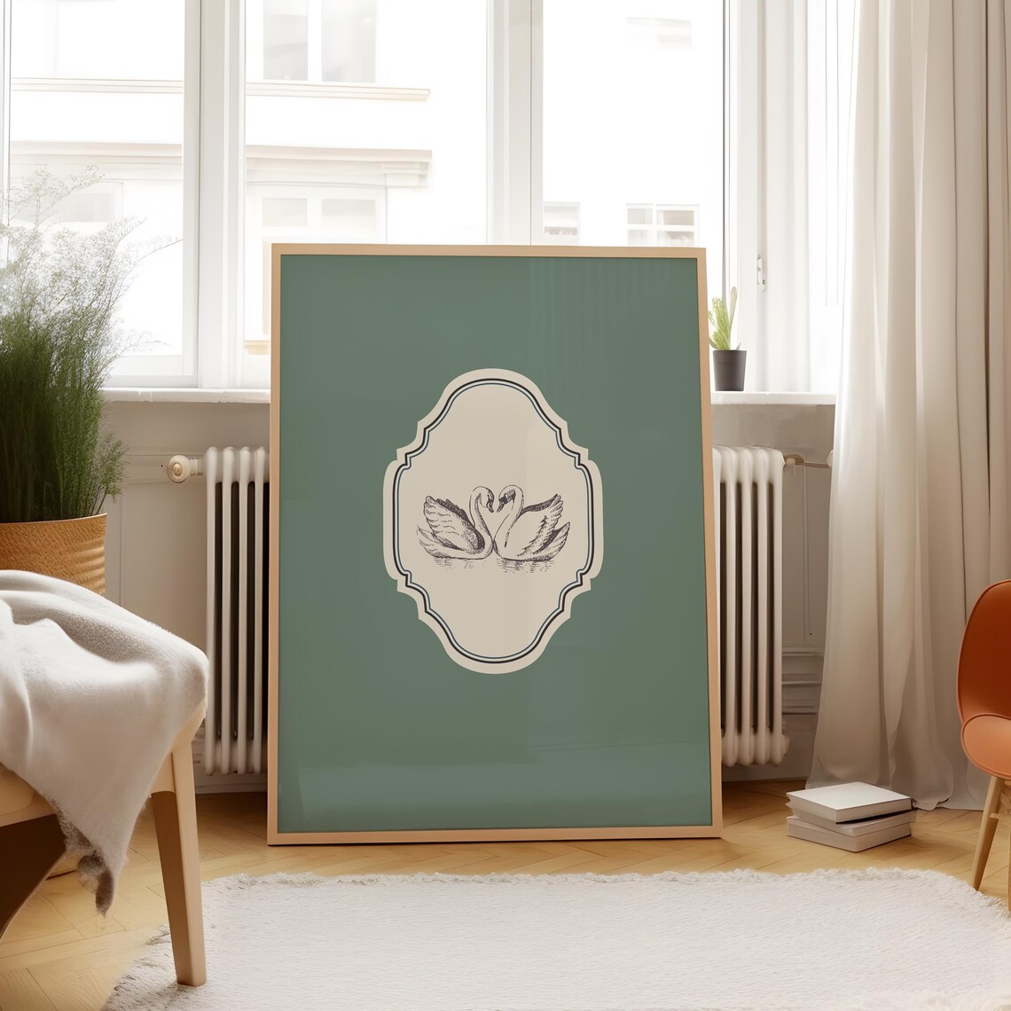 Vintage Swan Pair Heart Motif Sage Green Ornate Vertical Love Poster - Image 3