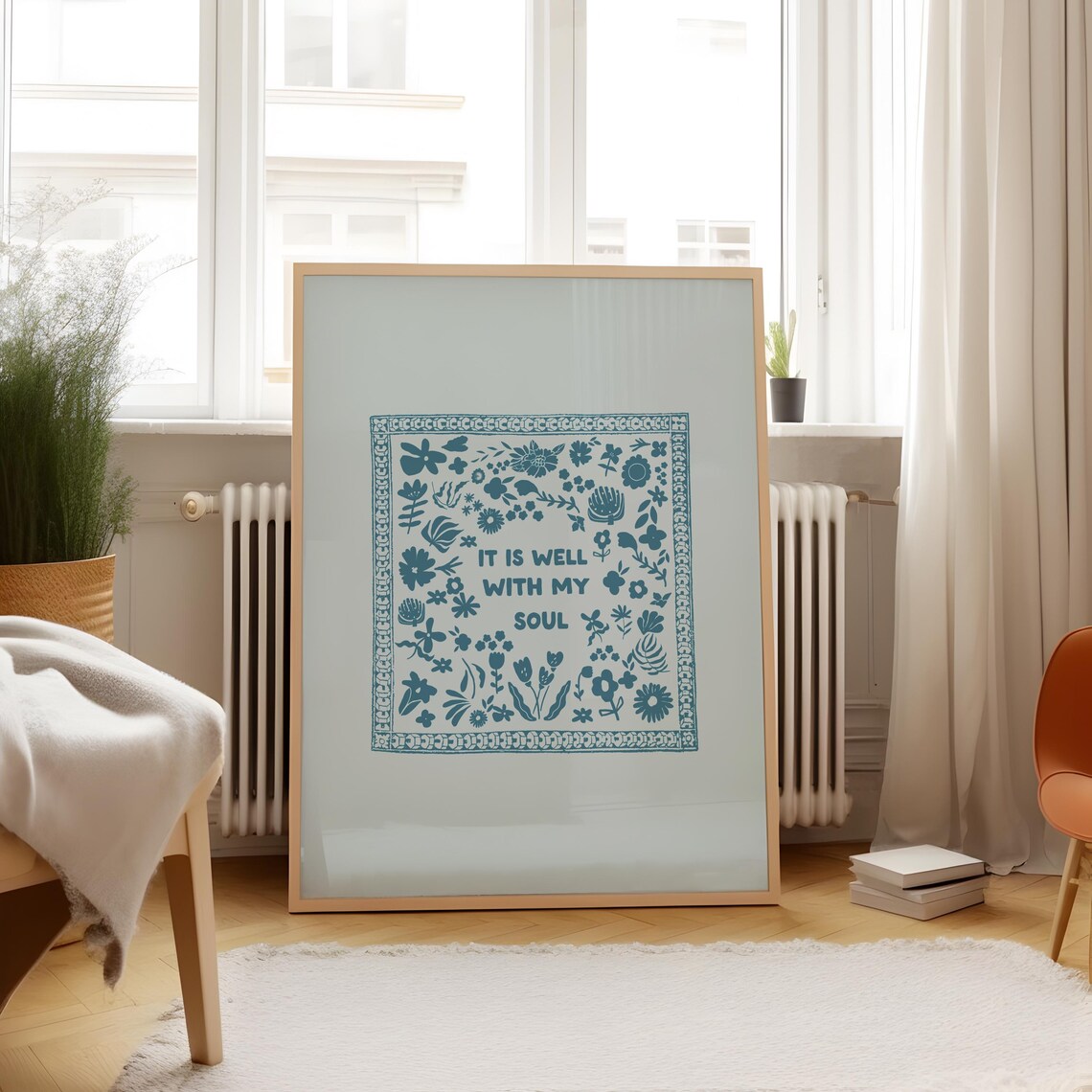 It Is Well With My Soul Blue Floral Folk Quote Christian Wall Print