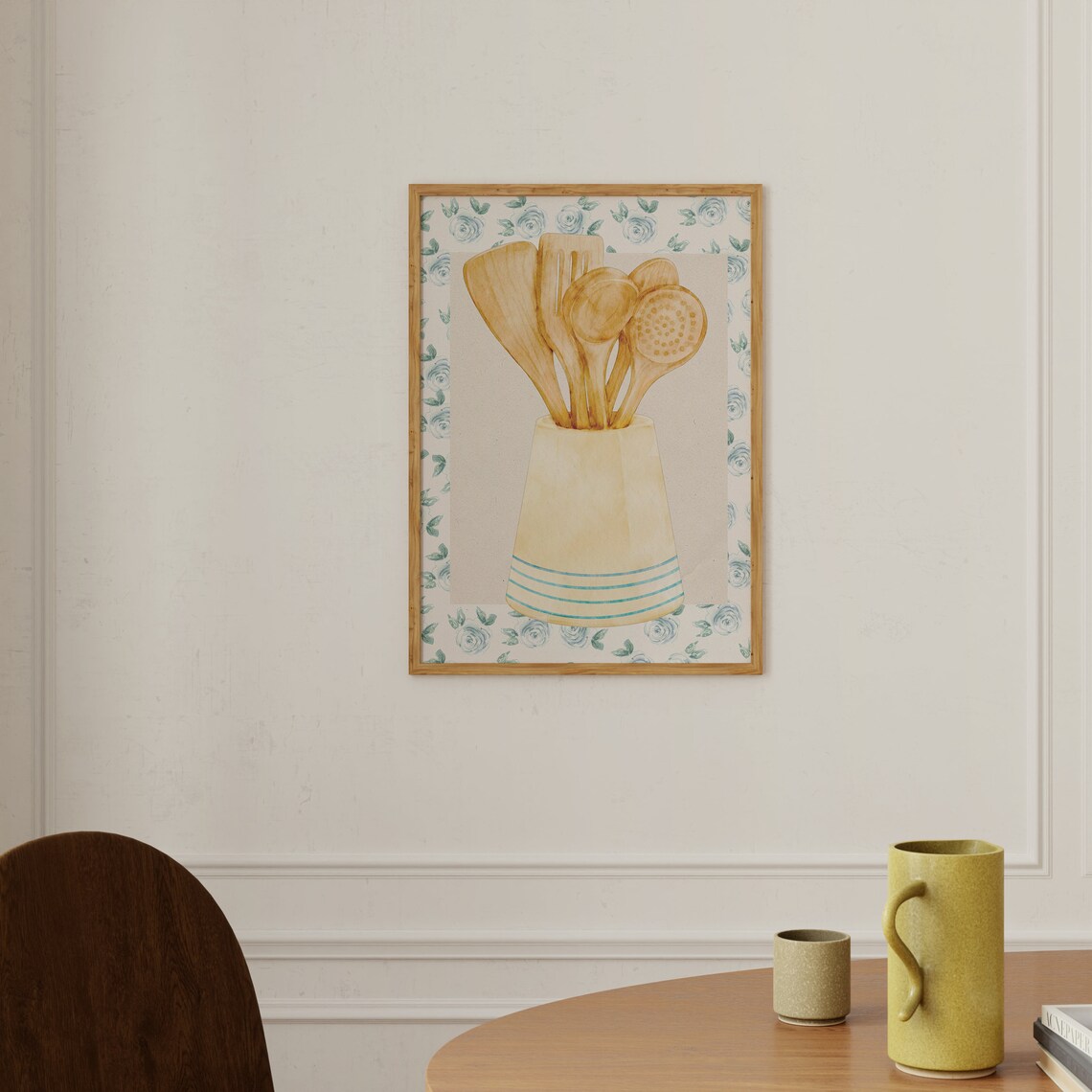 Vintage Wooden Utensils in Crock Floral Wallpaper Kitchen Poster - Image 2