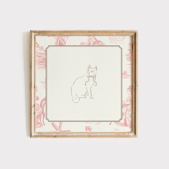 Vintage Pink Toile Kitten With Bow Sketch Cute Cottage Nursery Wall Art Print