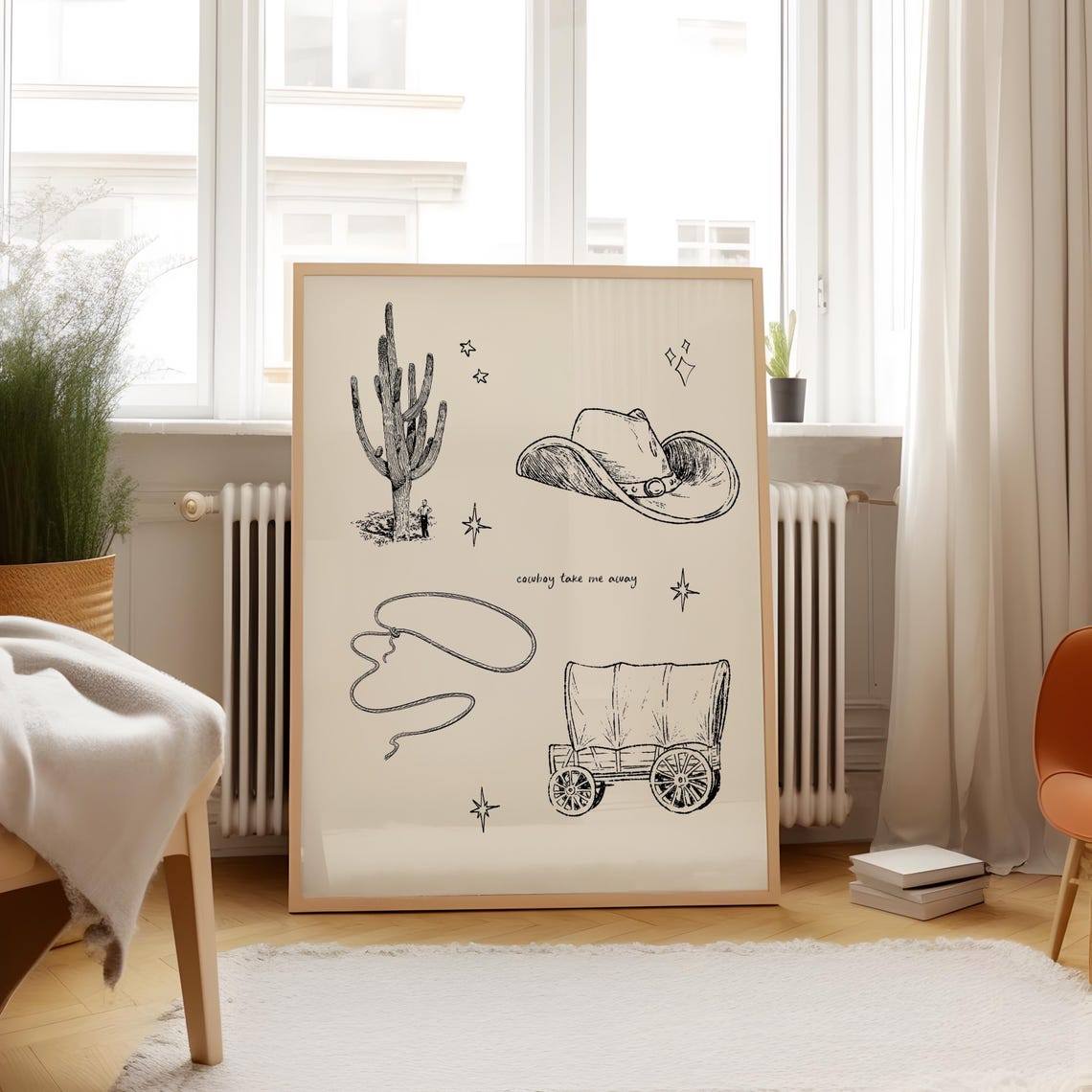 Cowboy Take Me Away Western Sketch Cactus Wagon Retro Art Poster