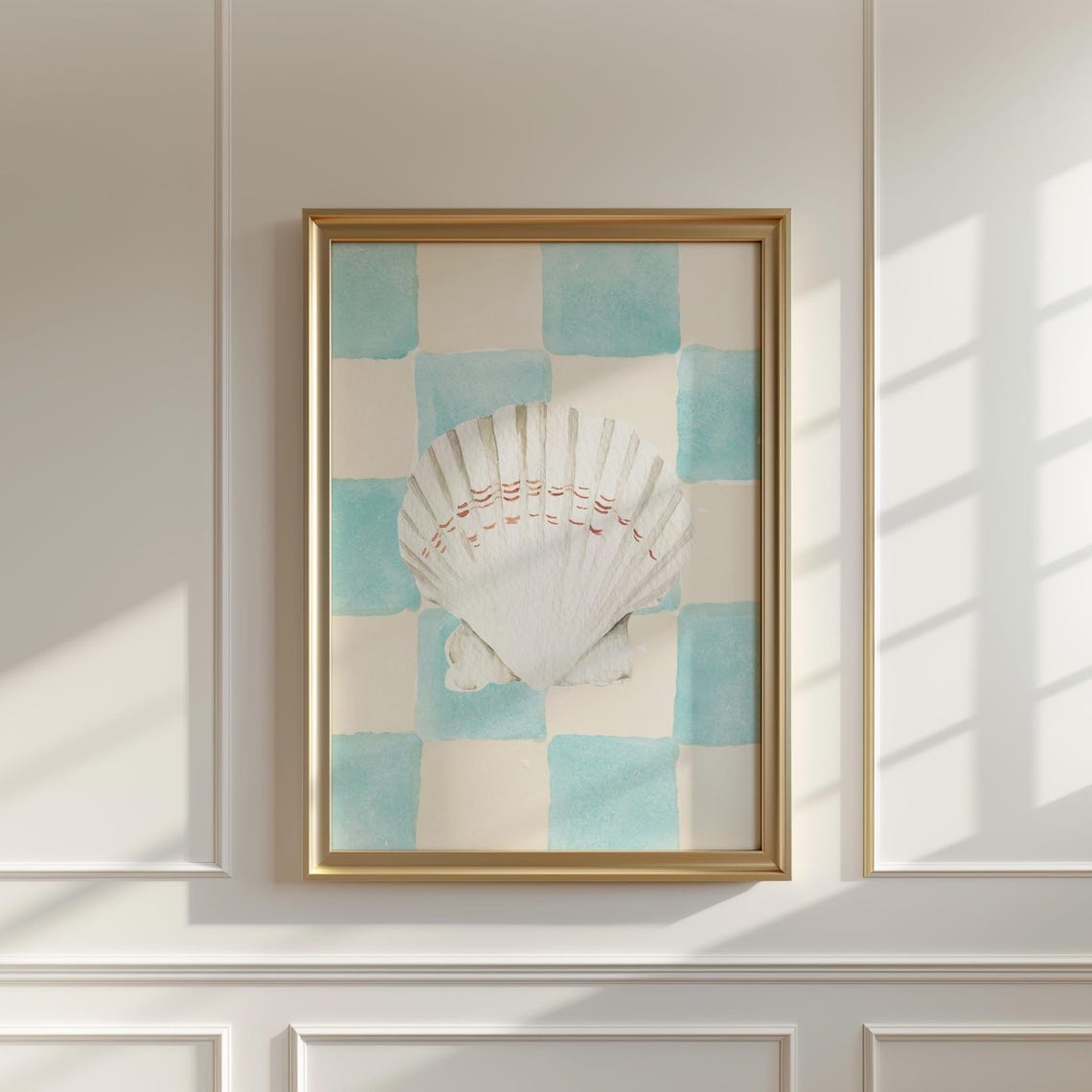 Watercolor Scallop Shell Blue Checkerboard Coastal Decor Art Poster - Image 2