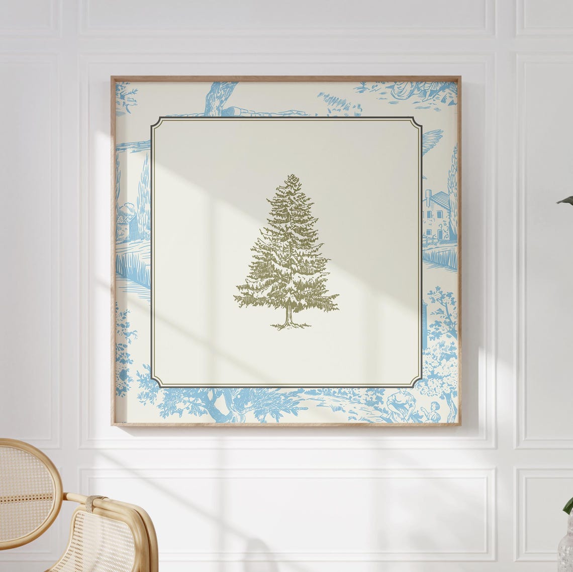 Vintage Blue Toile Pine Tree Print Wall Art Trendy Decor Cottage Nursery - Image 2