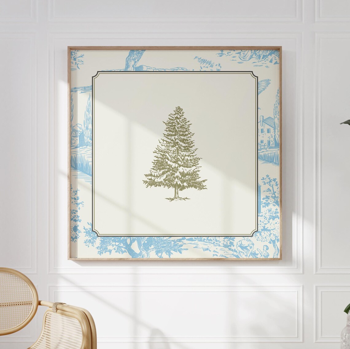 Vintage Blue Toile Pine Tree Sketch Minimalist Cottage Wall Art Print - Image 2
