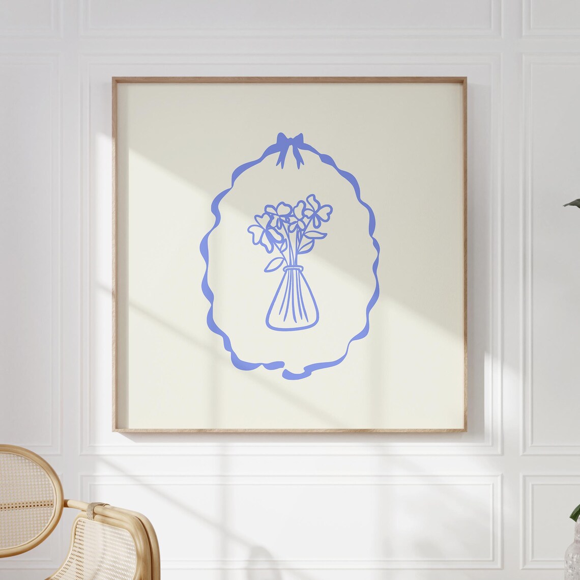 Blue Line Floral Vase Coquette Bow Ribbon Oval Frame Art Print - Image 4