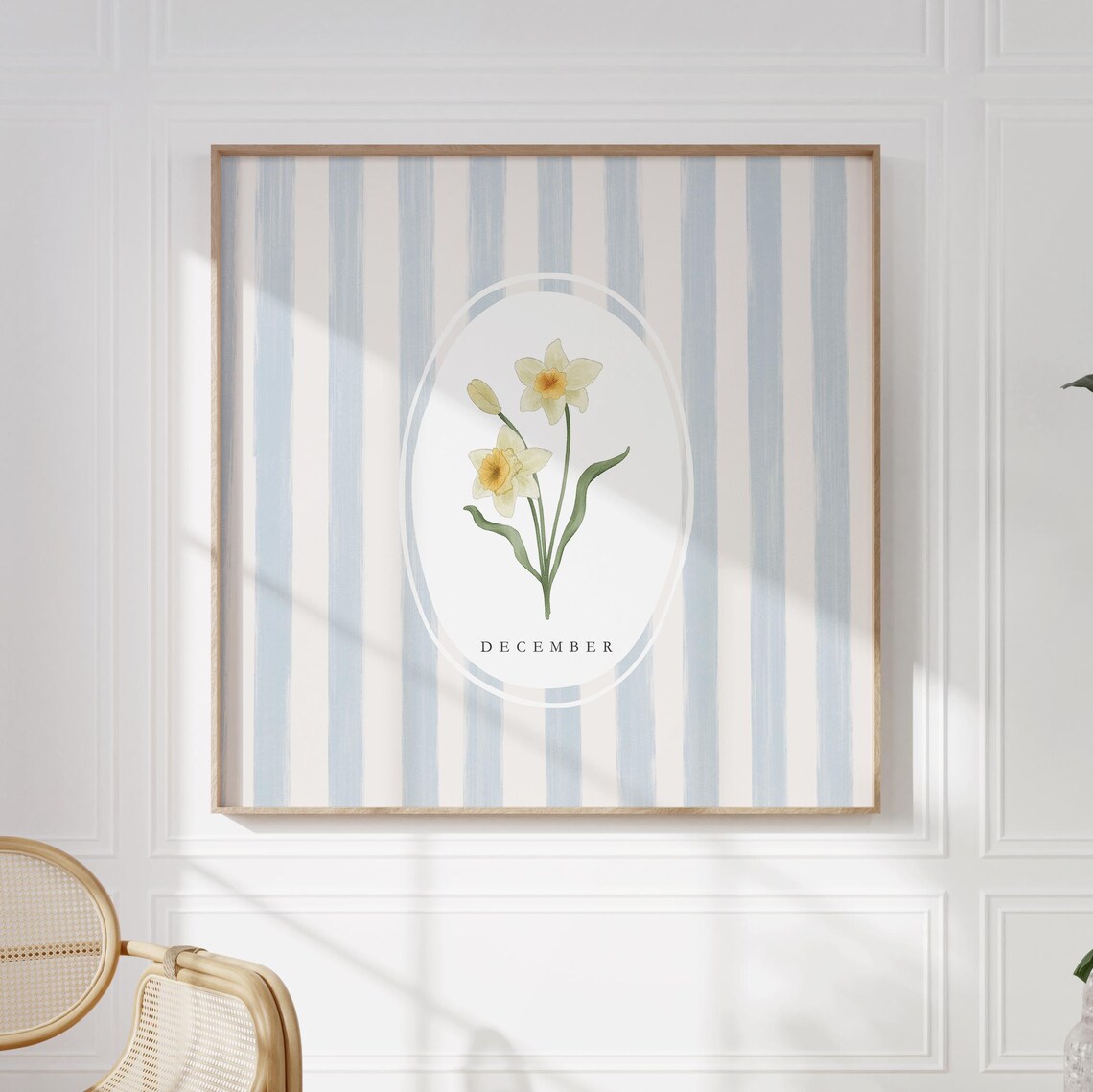 December Narcissus Birth Flower Watercolor Striped Art Poster - Image 3