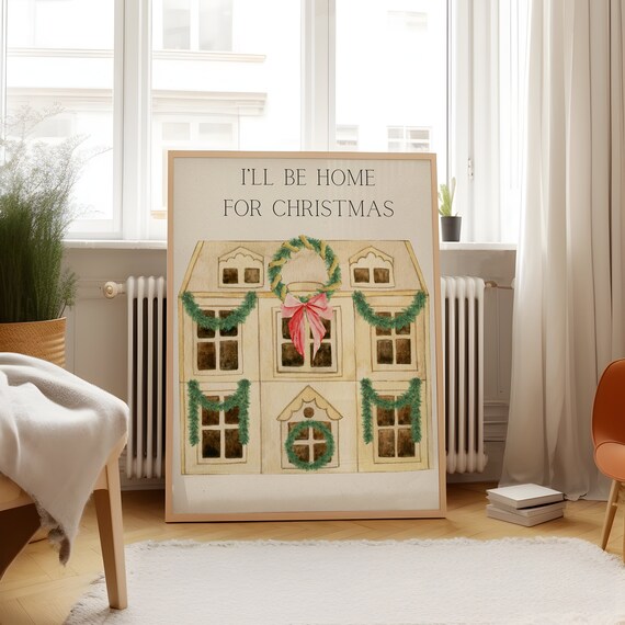 I'll Be Home for Christmas Watercolor House Holiday Season Poster