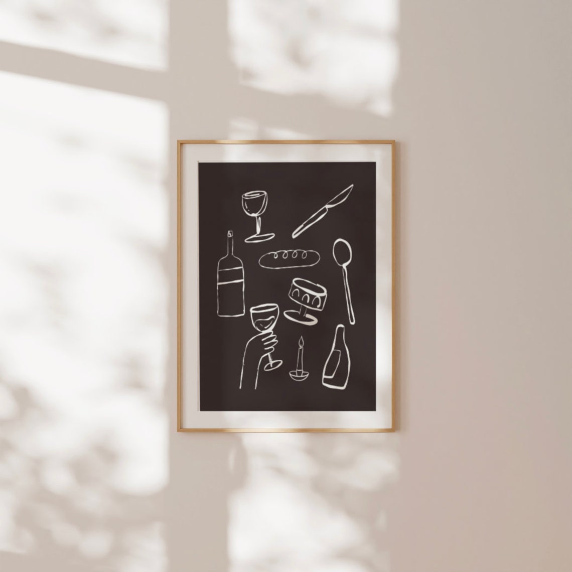 Black and White Dinner Party Wine Bottle and Glasses Line Art Print - Image 2