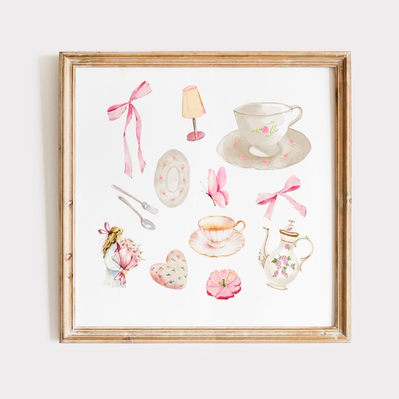 Pink Coquette Collage Poster with Bows Teacups and Butterfly Art