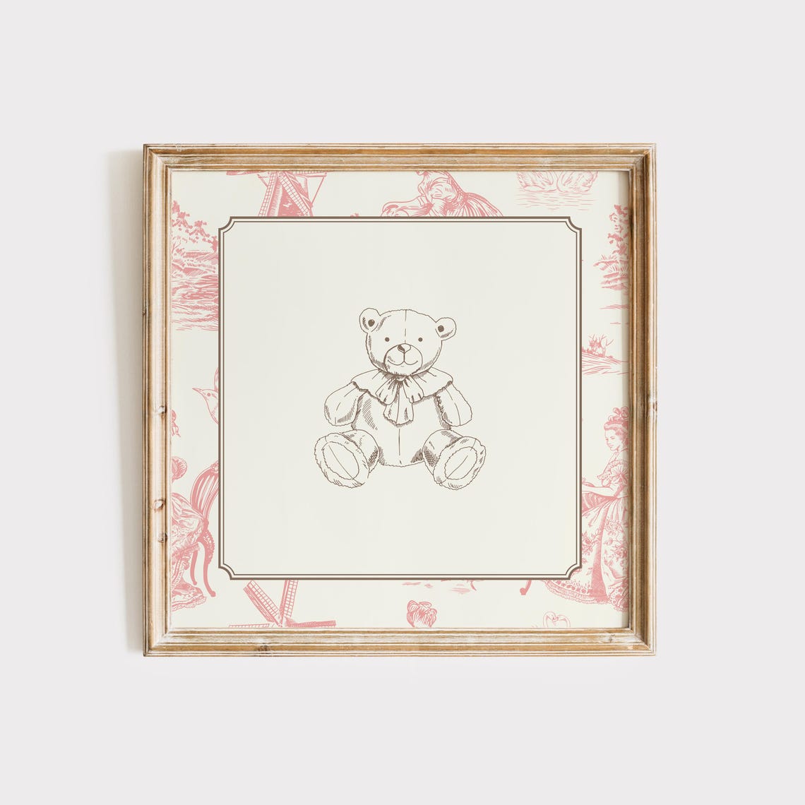 Vintage Pink Toile Teddy Bear Sketch Cottage Nursery Wall Art Print - Image 3