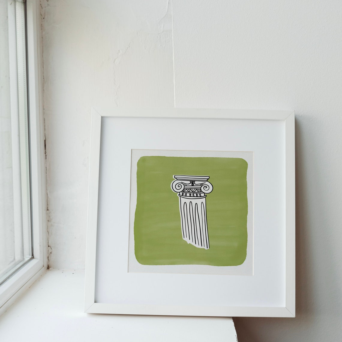 Olive Green Greek Ionic Column Line Art Square Minimalist Print - Image 2