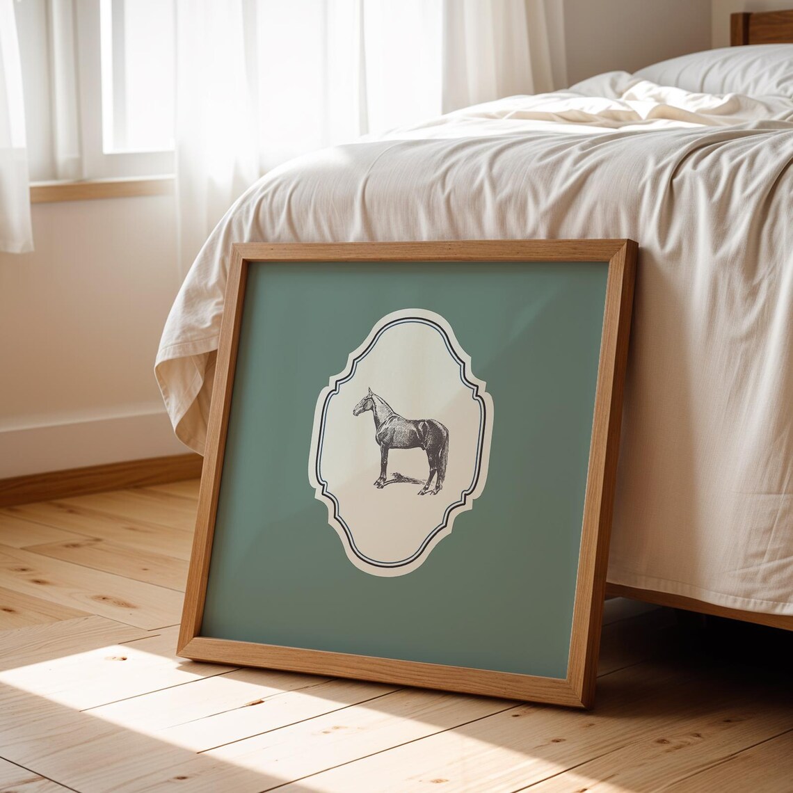 Vintage Horse Engraving Sage Green Ornate Square Nursery Poster - Image 4
