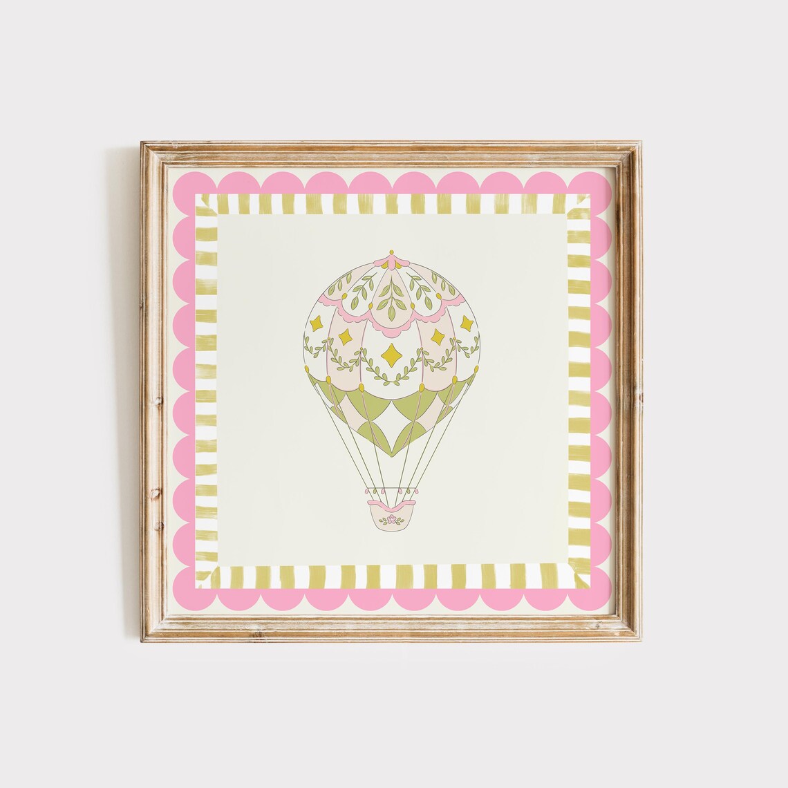 Pink Floral Hot Air Balloon Scalloped Border Nursery Art Poster - Image 2