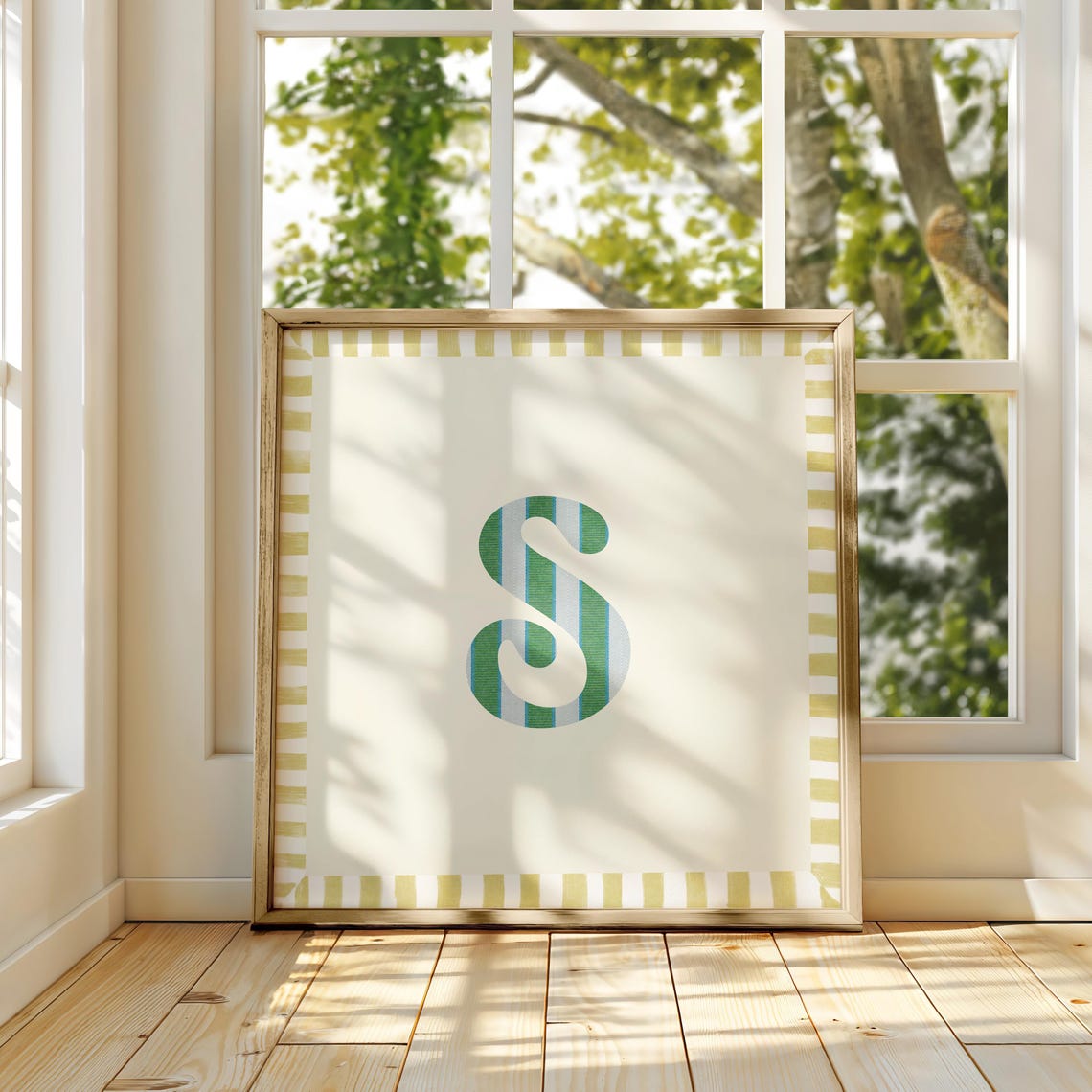 Swash Letter S Green Blue Striped Monogram Cream Framed Art Print - Image 2