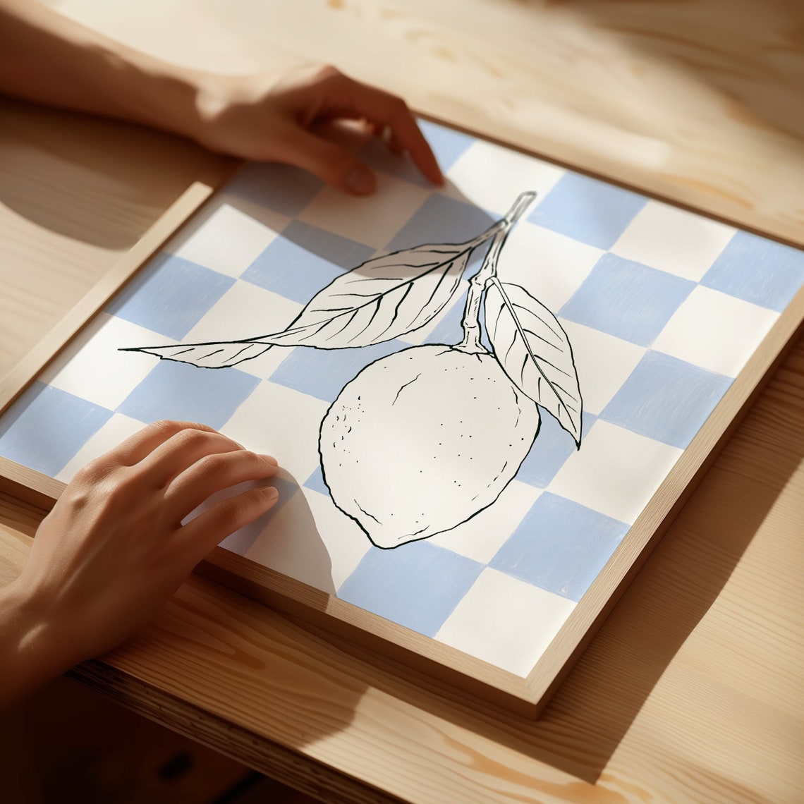 Blue Gingham Lemon Line Drawing Decorative Kitchen Fruit Poster - Image 3