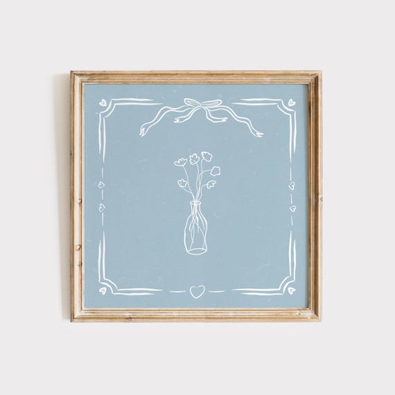 Light Blue Doodle Floral Print Wall Art Trendy Decor Botanical Illustration Living Room Art Cottage Nursery