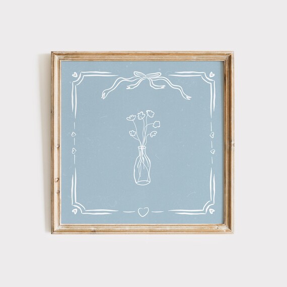 White Line Flower Vase With Ribbon Bow On Dusty Blue Square Poster