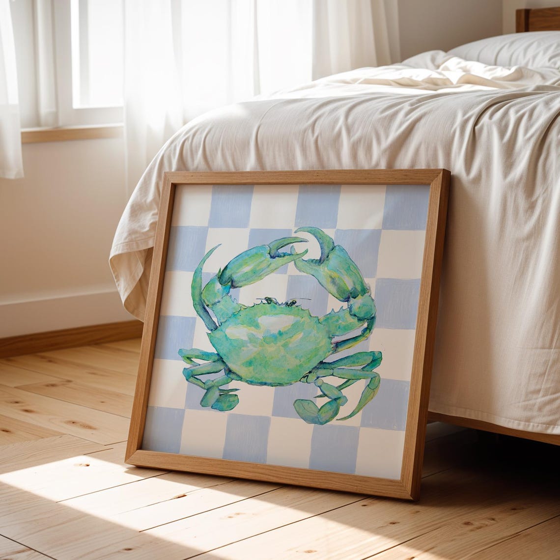 Teal Watercolor Crab Blue Checkered Background Coastal Wall Poster - Image 3