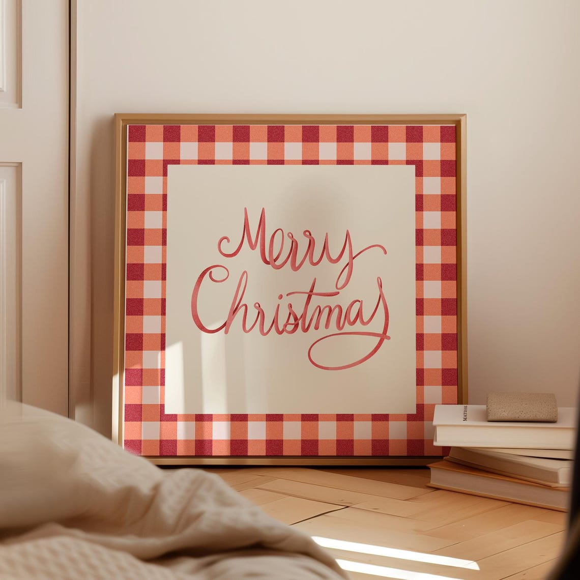 Merry Christmas Red Script Calligraphy on Red Gingham Holiday Poster