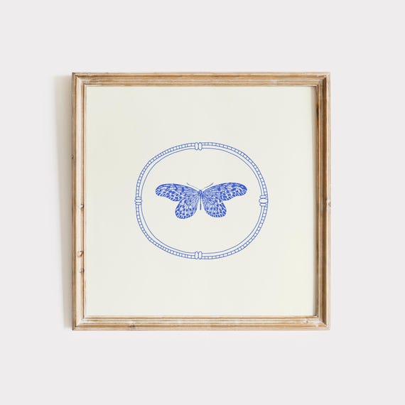 Simple Blue Line Butterfly Illustration Square Print Instant Wall Art Trendy Decor Living Room Art Nursery