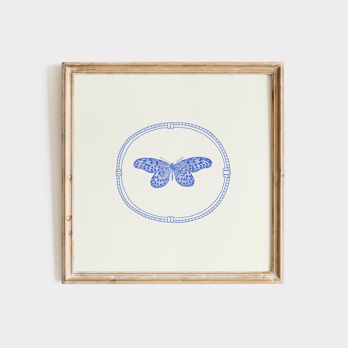 Blue Line Butterfly Vintage Oval Frame Nursery Cottage Wall Art Poster