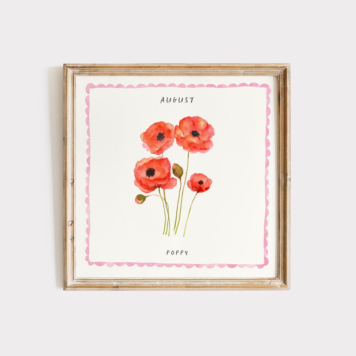August Poppy Watercolor Birth Month Flower Pink Border Art Poster