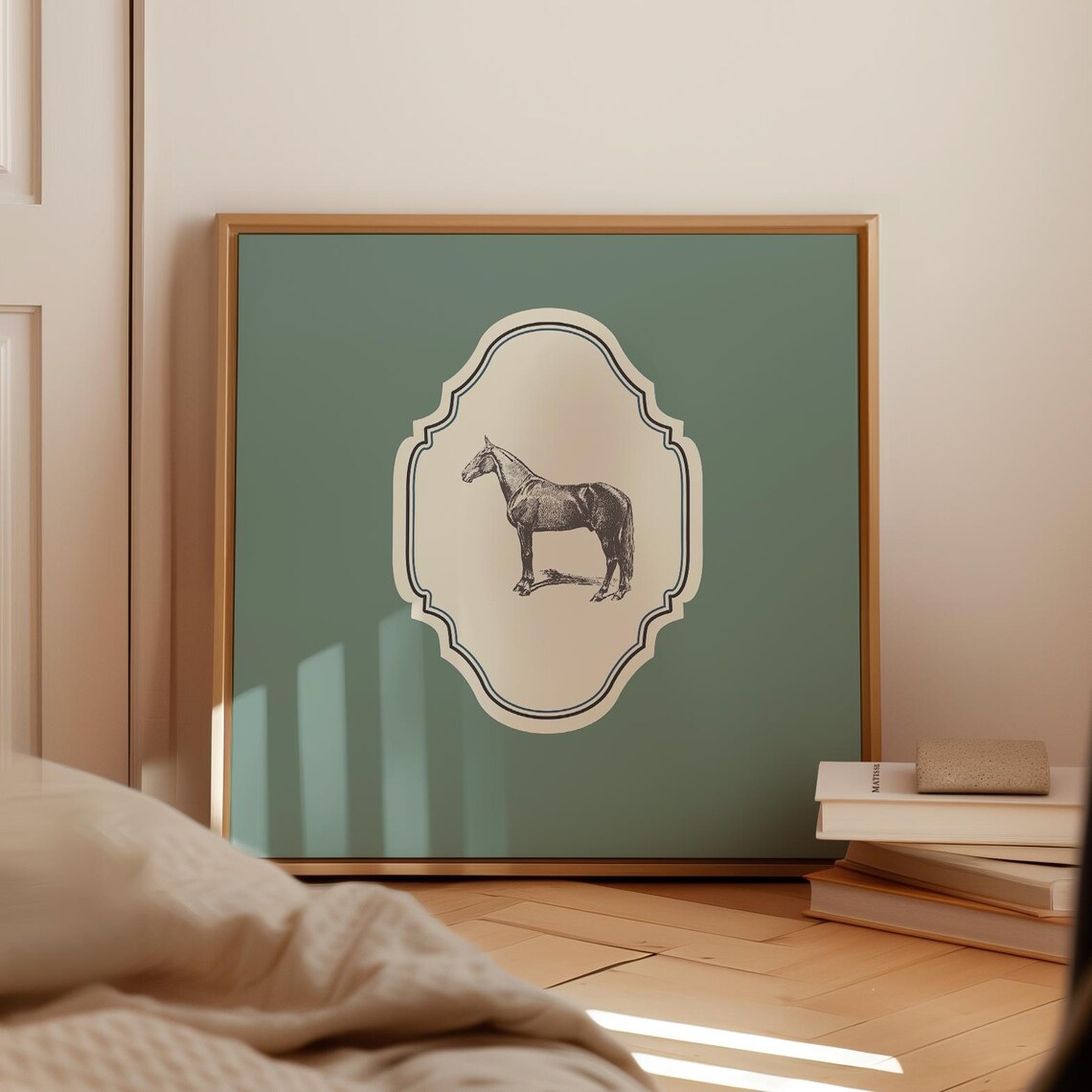 Vintage Horse Engraving Sage Green Ornate Square Nursery Poster - Image 5