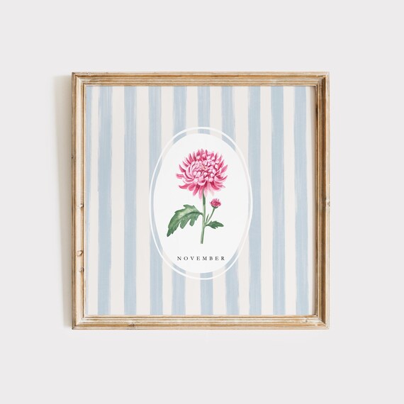 November Chrysanthemum Birth Flower Watercolor Striped Art Poster