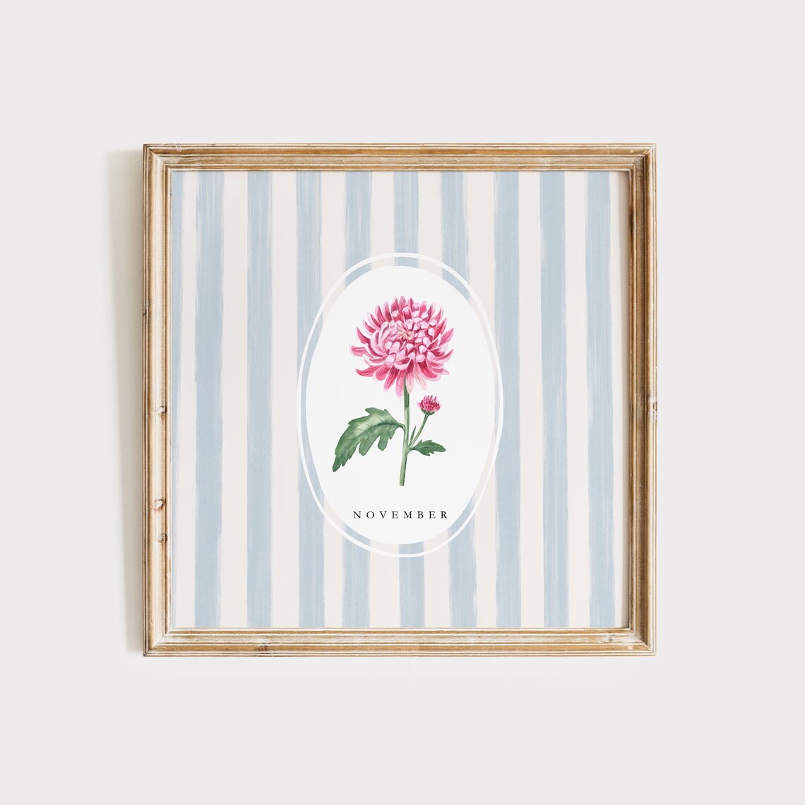 November Chrysanthemum Birth Flower Watercolor Striped Art Poster