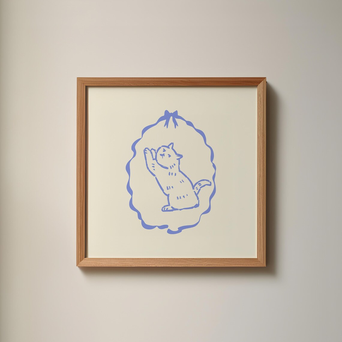 Blue Line Kitten Illustration Bow Frame Cute Kids Nursery Wall Art Poster