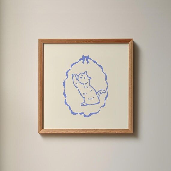 Blue Line Kitten Illustration Bow Frame Cute Kids Nursery Wall Art Poster